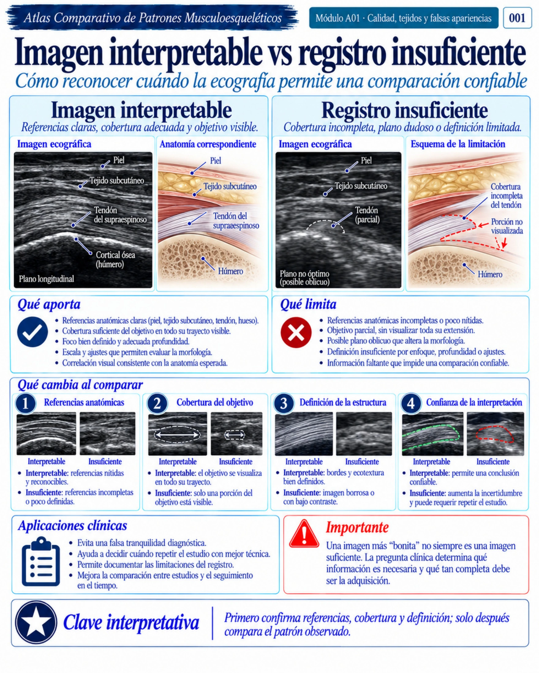Página 1: Imagen interpretable vs. registro insuficiente. Muestra del material educativo de ecografía musculoesquelética.