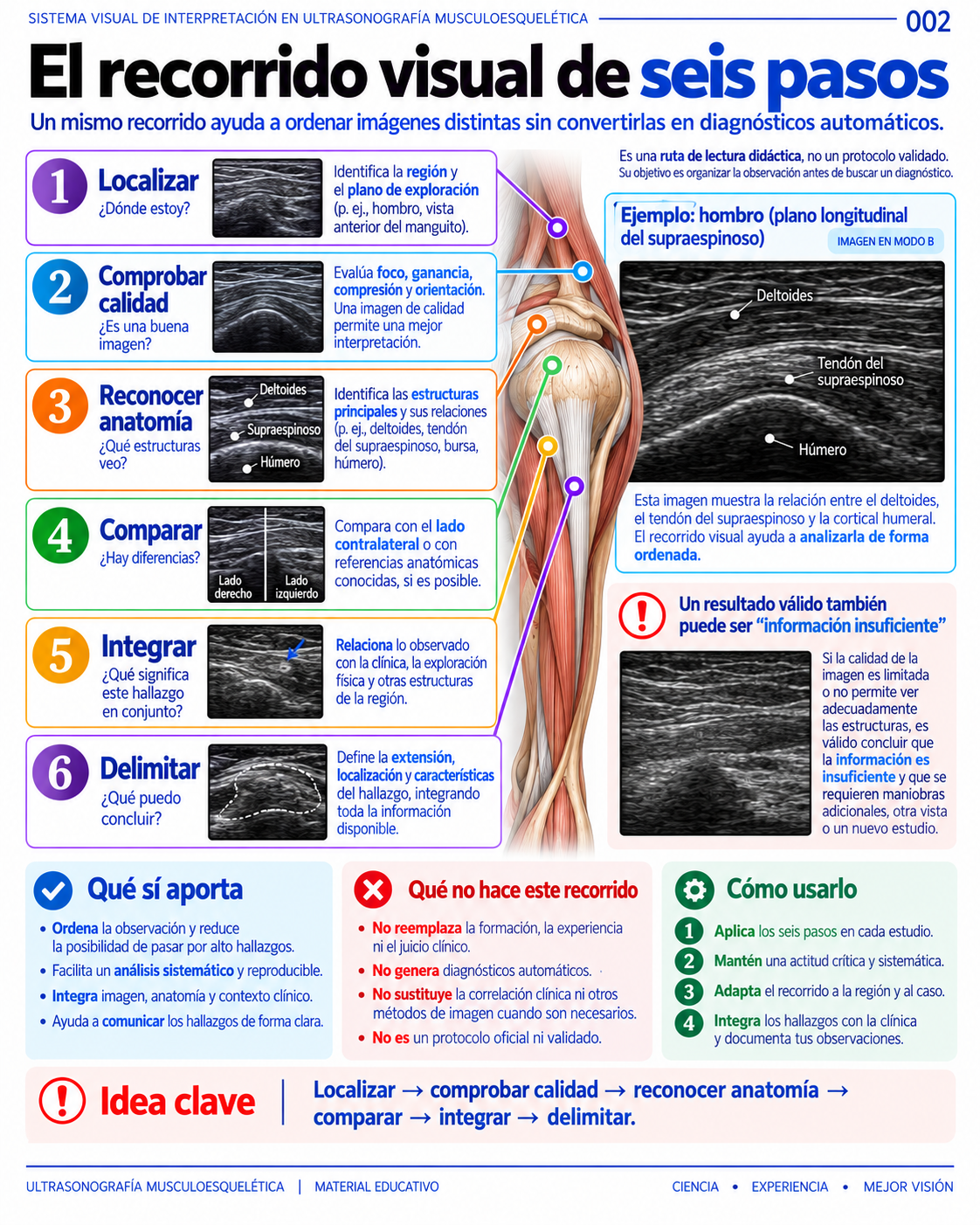 Página 2: El recorrido visual de seis pasos. Muestra del material educativo de ecografía musculoesquelética.